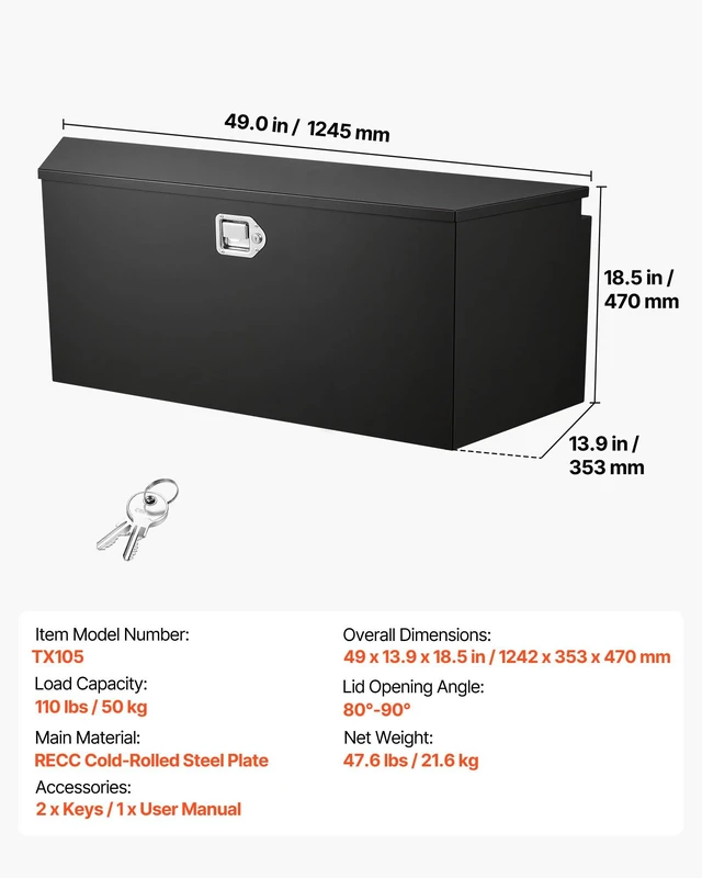 Alt view image 7 of 8 - VEVOR Trailer Tongue Box, 49" x 13.9" x 18.5" Steel Trailer Tongue Tool Box, Heavy Duty Storage Organizer with Lock and Keys, Utility Tool Chest for Pickup Truck Bed, RV, SUV, Off-Road Vehicle, Black