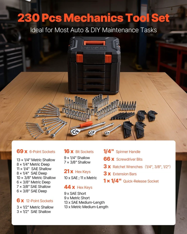 Alt view image 3 of 8 - VEVOR Mechanics Tool Set, 230-Piece Mechanic Tool Kit, 1/4 in, 3/8 in, and 1/2 in Drive, SAE and Metric Socket Set, Wrenches, Screwdriver Bits, Accessories, and Storage Case, for Automotive Repair