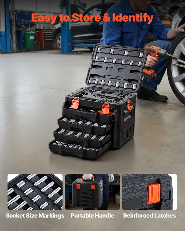 Alt view image 7 of 8 - VEVOR Mechanics Tool Set, 230-Piece Mechanic Tool Kit, 1/4 in, 3/8 in, and 1/2 in Drive, SAE and Metric Socket Set, Wrenches, Screwdriver Bits, Accessories, and Storage Case, for Automotive Repair
