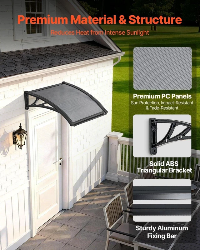 Alt view image 4 of 8 - VEVOR Awnings for Door Entrance, 24 x 24 in, Exterior Front Door Window Awnings with Drainage & ABS Bracket, Rain Snow Sun Protection, Overhang Polycarbonate Door Canopy for Porch Patio, Smoky Gray