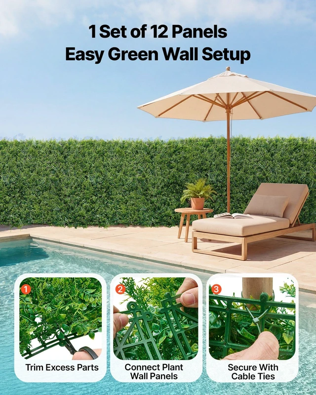 Alt view image 4 of 8 - VEVOR Artificial Plant Wall, 12PCS 20 x 20 in Artificial Boxwood Panels, Sun Protection Greenery Backdrop Privacy Hedge Fence, Fake Grass Screen for Wedding, Indoor, Outdoor Garden, Backyard