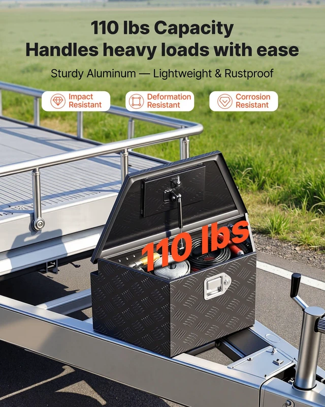 Alt view image 3 of 8 - VEVOR Trailer Tongue Box, 26" x 13" x 12" Aluminum Trailer Tongue Tool Box, Heavy Duty Storage Organizer with Lock and Keys, Utility Tool Chest for Pickup Truck Bed, RV, SUV, Off-Road Vehicle, Black