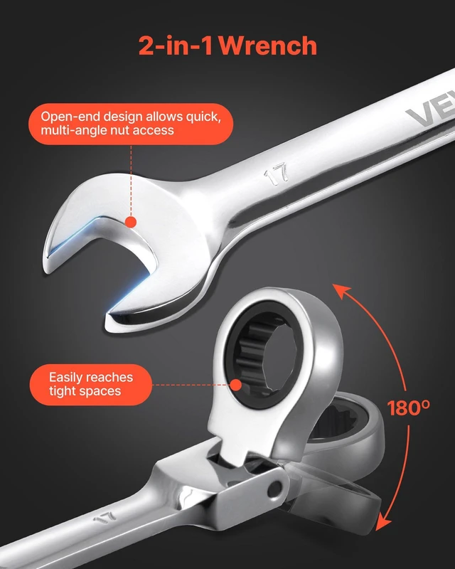 Alt view image 4 of 8 - VEVOR Flex-Head Ratcheting Wrench Set, 30-Piece SAE and Metric, 72 Teeth, Cr-V Steel Ratchet Flexible Combination Wrench Set with Roll Up Pouch, for General Household and Automotive Repairs, Silver