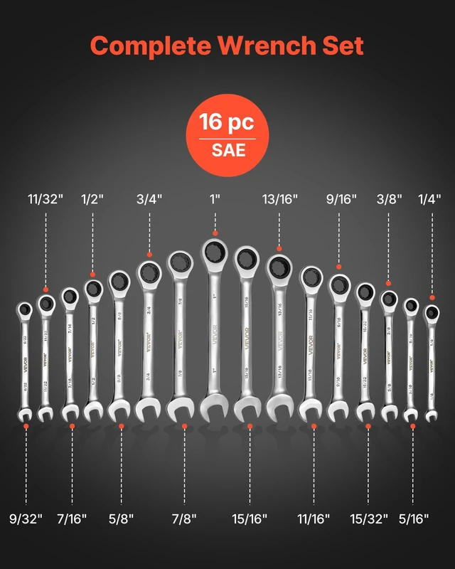 Alt view image 2 of 8 - VEVOR Combination Wrench Set, 16-Piece SAE Sizes, 72 Teeth, Cr-V Steel Ratcheting Wrench Set, with Roll Up Pouch, Open End, Clear Size Labels, for General Household and Automotive Repairs, Silver