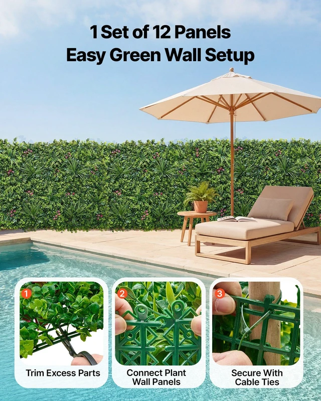 Alt view image 4 of 8 - VEVOR Artificial Plant Wall, 12PCS 20 x 20 in Artificial Boxwood Panels, Greenery Backdrop Privacy Hedge Fence with Sun Protection, Fake Grass Wall Screen for Wedding, Indoor, Outdoor Garden, Backyard