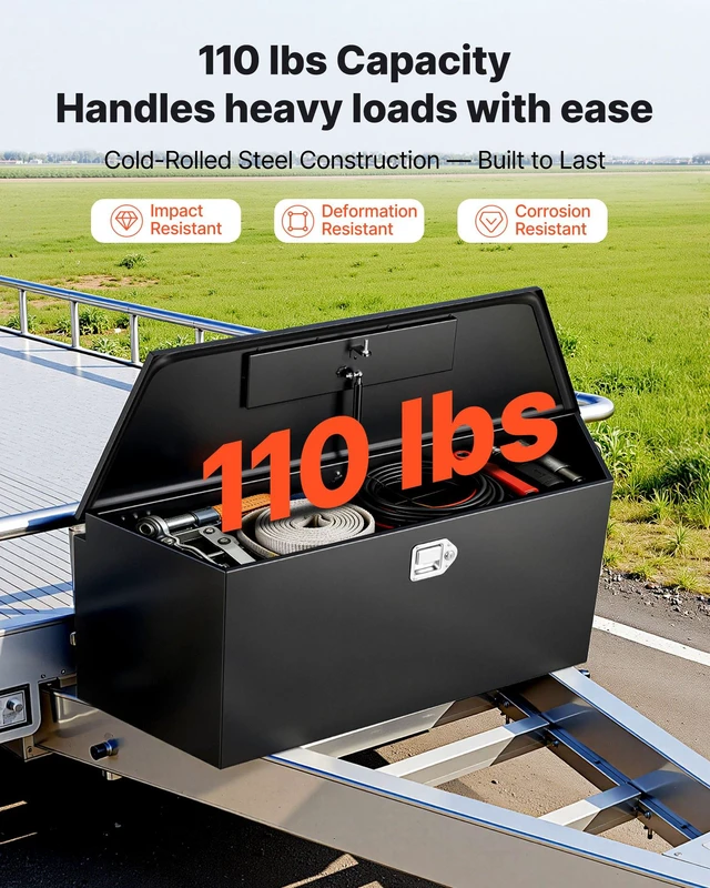 Alt view image 3 of 8 - VEVOR Trailer Tongue Box, 49" x 13.9" x 18.5" Steel Trailer Tongue Tool Box, Heavy Duty Storage Organizer with Lock and Keys, Utility Tool Chest for Pickup Truck Bed, RV, SUV, Off-Road Vehicle, Black