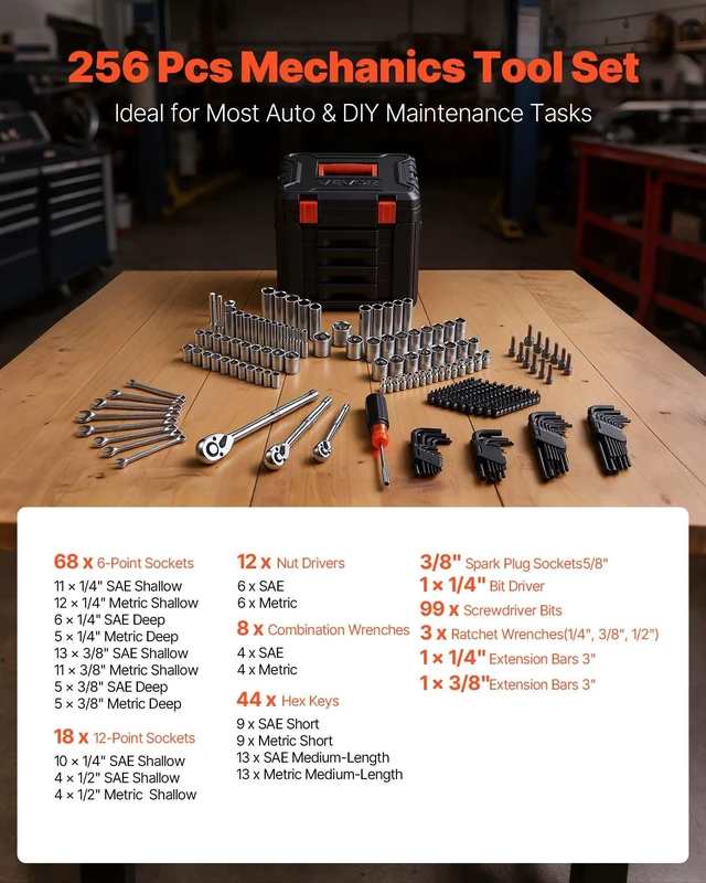 Alt view image 3 of 8 - VEVOR Mechanics Tool Set, 256-Piece Mechanic Tool Kit, 1/4 in, 3/8 in, and 1/2 in Drive, SAE and Metric Socket Set, Wrenches, Screwdriver Bits, Accessories, and Storage Case, for Automotive Repair