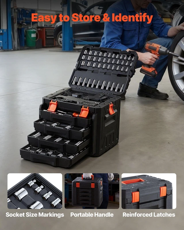 Alt view image 7 of 8 - VEVOR Mechanics Tool Set, 256-Piece Mechanic Tool Kit, 1/4 in, 3/8 in, and 1/2 in Drive, SAE and Metric Socket Set, Wrenches, Screwdriver Bits, Accessories, and Storage Case, for Automotive Repair
