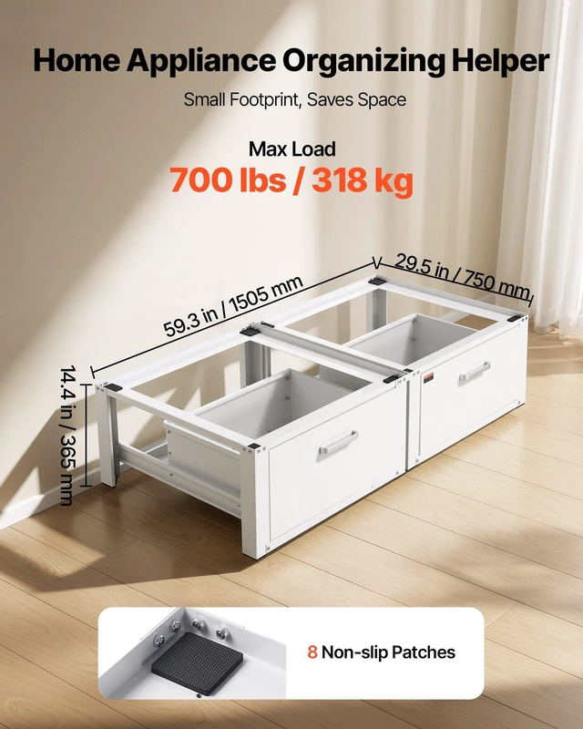 Alt view image 3 of 8 - VEVOR Laundry Pedestal, 14 in Height, Washer and Dryer Pedestals with Drawer, 700 lbs Weight Load Capacity, Non-Slip Feet, Heavy-duty Steel Washing Machine Stand Universal Fit, White, 2 Pack