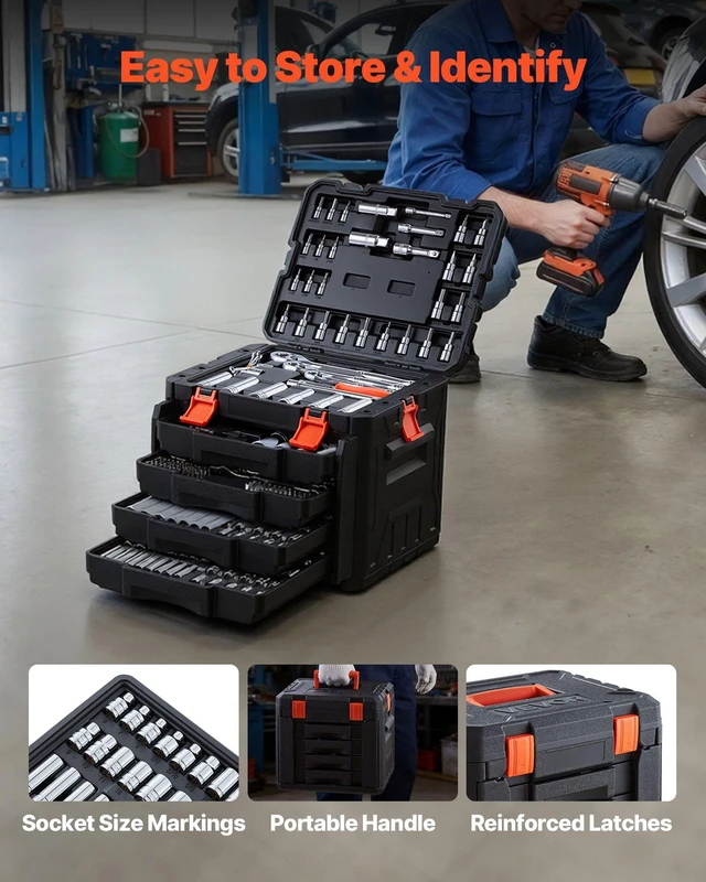 Alt view image 7 of 8 - VEVOR Mechanics Tool Set, 297-Piece Mechanic Tool Kit, 1/4 in, 3/8 in, and 1/2 in Drive, SAE and Metric Socket Set, Wrenches, Screwdriver Bits, Accessories, and Storage Case, for Automotive Repair