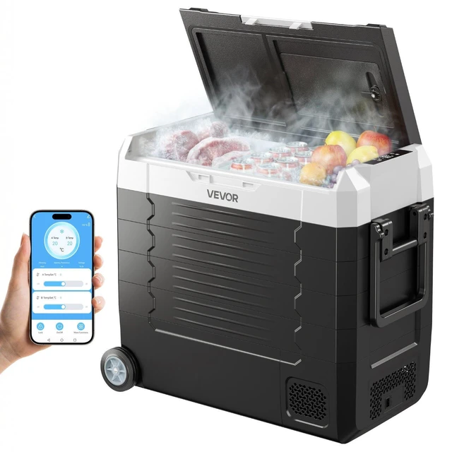 Main image of VEVOR Car Refrigerator, DC 12/24V AC100-240V Compressor Electric Cooler, -4°F to 68°F Truck Refrigerator with APP Control, Wheels & Dual Zone, 58 QT Cars Cooler for RVs, Boats, Camping, Fishing