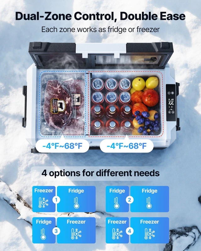 Alt view image 2 of 8 - VEVOR Car Refrigerator, DC 12/24V AC100-240V Compressor Electric Cooler, -4°F to 68°F Truck Refrigerator with APP Control, Wheels & Dual Zone, 58 QT Cars Cooler for RVs, Boats, Camping, Fishing