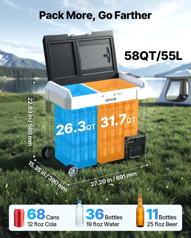 Alt view image 4 of 8 - VEVOR Car Refrigerator, DC 12/24V AC100-240V Compressor Electric Cooler, -4°F to 68°F Truck Refrigerator with APP Control, Wheels & Dual Zone, 58 QT Cars Cooler for RVs, Boats, Camping, Fishing