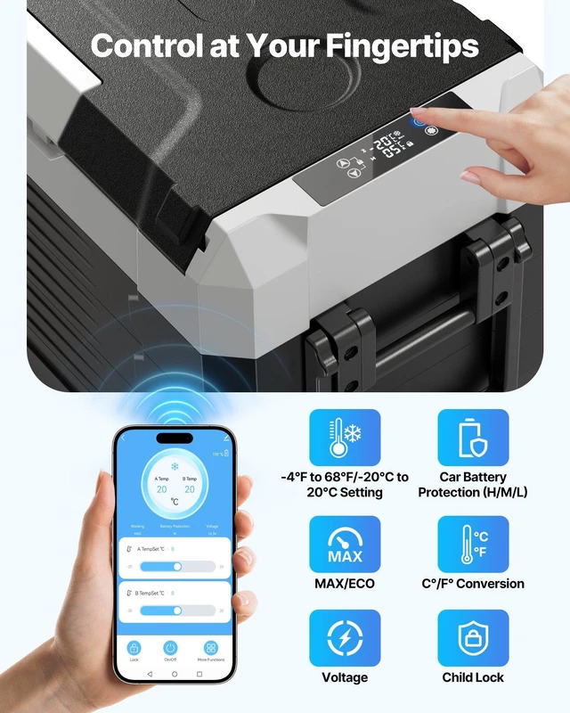 Alt view image 6 of 8 - VEVOR Car Refrigerator, DC 12/24V AC100-240V Compressor Electric Cooler, -4°F to 68°F Truck Refrigerator with APP Control, Wheels & Dual Zone, 58 QT Cars Cooler for RVs, Boats, Camping, Fishing
