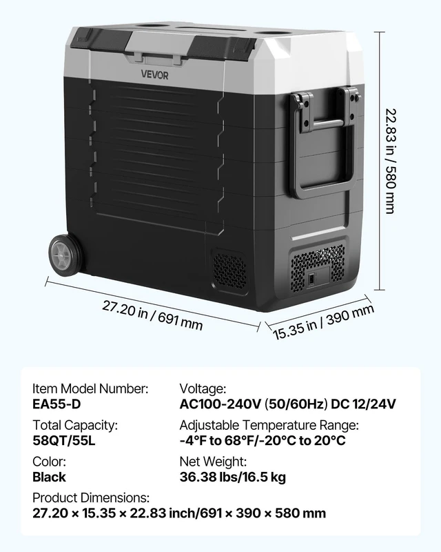 Alt view image 7 of 8 - VEVOR Car Refrigerator, DC 12/24V AC100-240V Compressor Electric Cooler, -4°F to 68°F Truck Refrigerator with APP Control, Wheels & Dual Zone, 58 QT Cars Cooler for RVs, Boats, Camping, Fishing