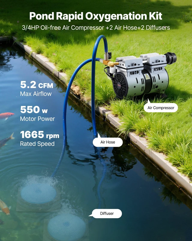 Alt view image 2 of 8 - VEVOR Pond Aerators, 5.2CFM Aeration System for Lakes up to 3 Acres, 3/4 HP Air Compressor, 2 Diffusers & Two 100' Weighted Tubings, Outdoor Pond Aeration Pump for Deep Water Oxygen Circulation
