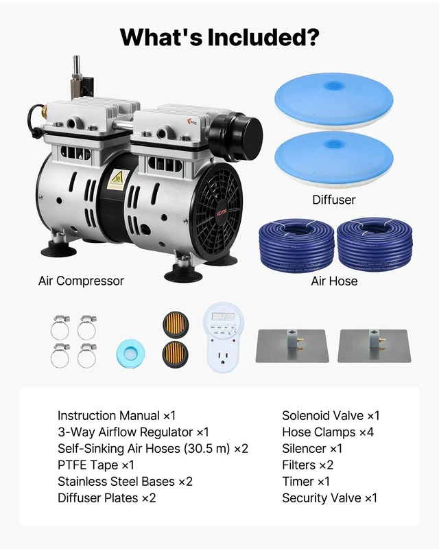 Alt view image 7 of 8 - VEVOR Pond Aerators, 5.2CFM Aeration System for Lakes up to 3 Acres, 3/4 HP Air Compressor, 2 Diffusers & Two 100' Weighted Tubings, Outdoor Pond Aeration Pump for Deep Water Oxygen Circulation