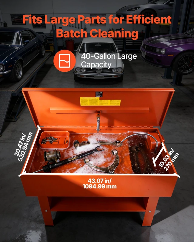 Alt view image 2 of 8 - VEVOR Parts Washer 40-Gallon, 17 Gallon Solvent Capacity, 1 Gallon per Minute Max Pump Output, Steel Cabinet Electric Pump Automotive Parts Washer Cleaner for Wheel Bearings, Gears, and Carburetors