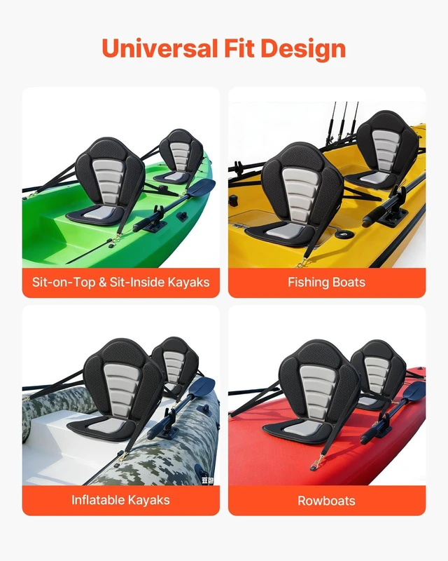 Alt view image 5 of 8 - VEVOR Kayak Seat, 2 Pack 0.5" Thick, Universal Paddle Board Seat with Back Support, Sit-on-Top Soft Padded Cushion with Storage Bag & Adjustable Straps for SUP, Canoe, Fishing Boat, Inflatable Kayak