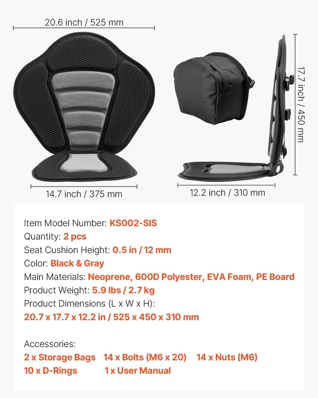 Alt view image 7 of 8 - VEVOR Kayak Seat, 2 Pack 0.5" Thick, Universal Paddle Board Seat with Back Support, Sit-on-Top Soft Padded Cushion with Storage Bag & Adjustable Straps for SUP, Canoe, Fishing Boat, Inflatable Kayak