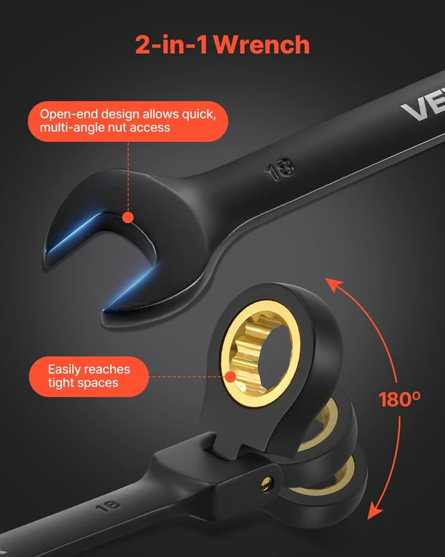 Alt view image 4 of 8 - VEVOR Flex-Head Ratcheting Wrench Set, 24-Piece SAE and Metric, 72 Teeth, Cr-V Steel Ratchet Flexible Combination Wrench Set with Storage Case, for General Household and Automotive Repairs, Black