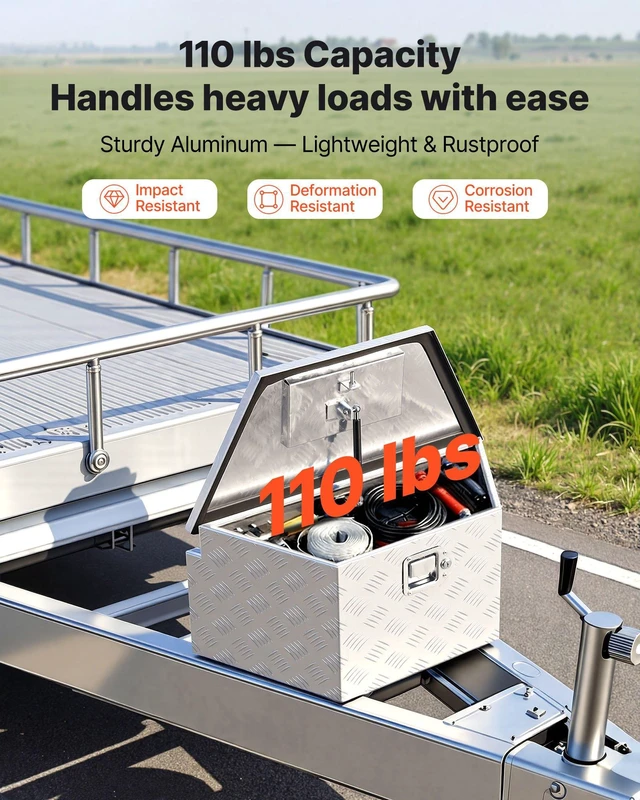 Alt view image 3 of 8 - VEVOR Trailer Tongue Box, 26" x 13" x 12" Aluminum Trailer Tongue Tool Box, Heavy Duty Storage Organizer with Lock and Keys, Utility Tool Chest for Pickup Truck Bed, RV, SUV, Off-Road Vehicle, Silver