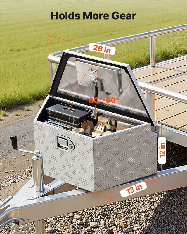 Alt view image 2 of 8 - VEVOR Trailer Tongue Box, 26" x 13" x 12" Aluminum Trailer Tongue Tool Box, Heavy Duty Storage Organizer with Lock and Keys, Utility Tool Chest for Pickup Truck Bed, RV, SUV, Off-Road Vehicle, Silver