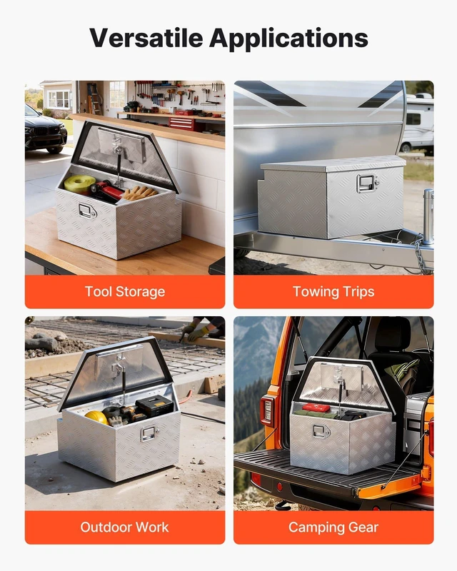Alt view image 6 of 8 - VEVOR Trailer Tongue Box, 26" x 13" x 12" Aluminum Trailer Tongue Tool Box, Heavy Duty Storage Organizer with Lock and Keys, Utility Tool Chest for Pickup Truck Bed, RV, SUV, Off-Road Vehicle, Silver