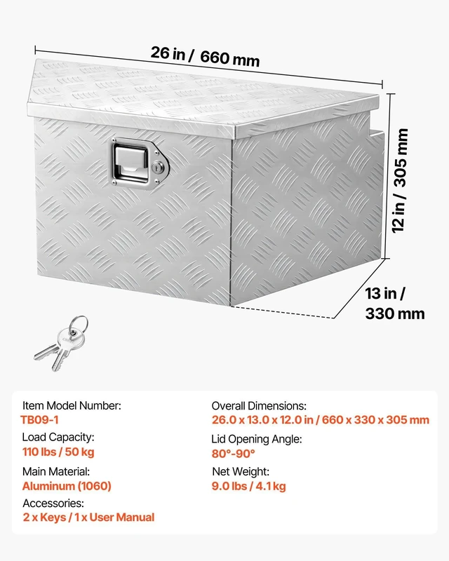 Alt view image 7 of 8 - VEVOR Trailer Tongue Box, 26" x 13" x 12" Aluminum Trailer Tongue Tool Box, Heavy Duty Storage Organizer with Lock and Keys, Utility Tool Chest for Pickup Truck Bed, RV, SUV, Off-Road Vehicle, Silver
