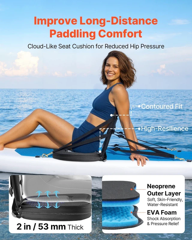 Alt view image 2 of 8 - VEVOR Kayak Seat, 2 Pack 2" Thick, Universal Paddle Board Seat with Back Support, Sit-on-Top Soft Padded Cushion with Storage Bag & Adjustable Straps for SUP, Canoe, Fishing Boat, Inflatable Kayak