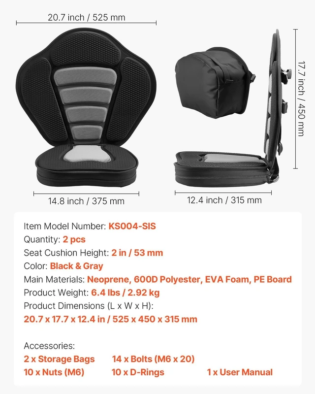 Alt view image 7 of 8 - VEVOR Kayak Seat, 2 Pack 2" Thick, Universal Paddle Board Seat with Back Support, Sit-on-Top Soft Padded Cushion with Storage Bag & Adjustable Straps for SUP, Canoe, Fishing Boat, Inflatable Kayak