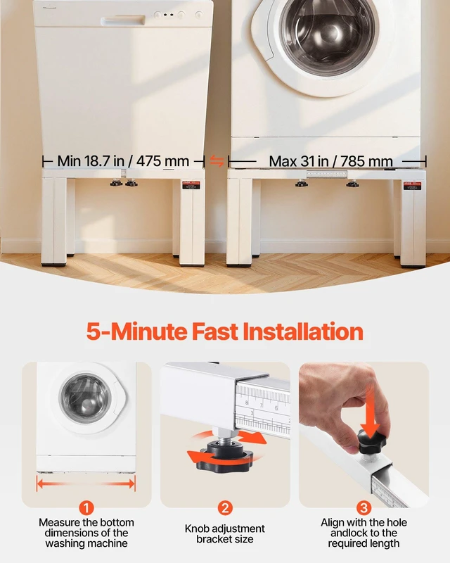 Alt view image 5 of 8 - VEVOR Laundry Pedestal, 12 in Height, Washer and Dryer Pedestals with 1200 lbs Weight Load Capacity, 18.7-31 in Adjustable, Non-Slip Feet, Heavy-duty Steel Washing Machine Stand Universal Fit, White