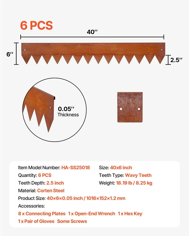 Alt view image 7 of 8 - VEVOR Corten Steel Landscape Edging, 6-Pack 40 x 6 Inch Metal Edging for Landscaping with 8 Connecting Plates, Bendable Metal Garden Edge Border for Flower Bed, Yard Pathway, Rust