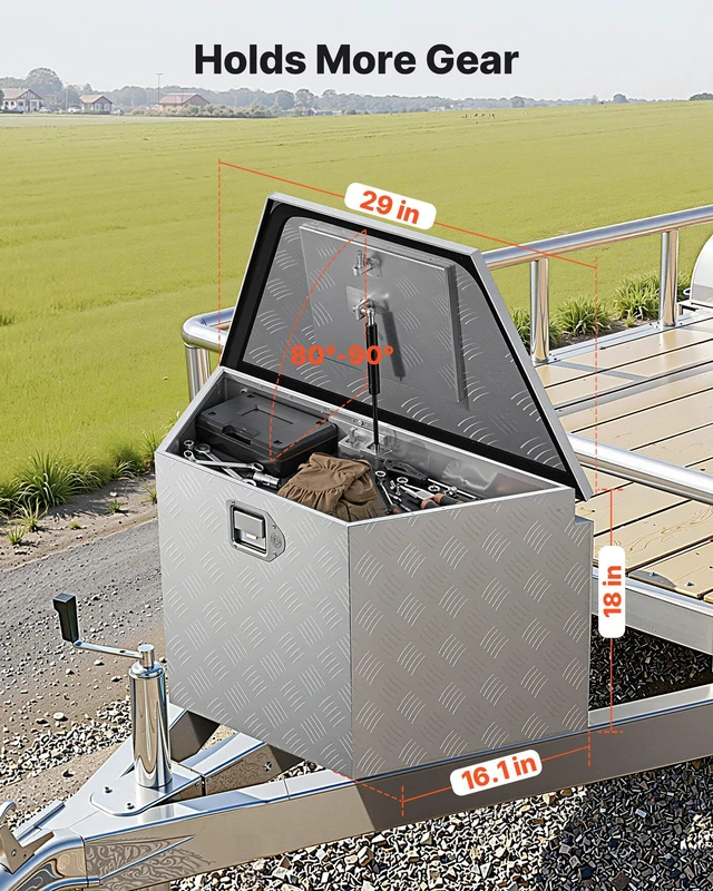 Alt view image 2 of 8 - VEVOR Trailer Tongue Box, 29" x 16.1" x 18" Aluminum Trailer Tongue Tool Box, Heavy Duty Storage Organizer with Lock & Keys, Utility Tool Chest for Pickup Truck Bed, RV, SUV, Off-Road Vehicle, Silver