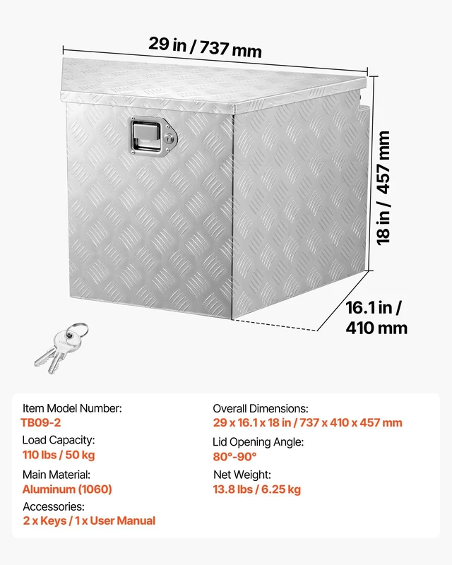 Alt view image 7 of 8 - VEVOR Trailer Tongue Box, 29" x 16.1" x 18" Aluminum Trailer Tongue Tool Box, Heavy Duty Storage Organizer with Lock & Keys, Utility Tool Chest for Pickup Truck Bed, RV, SUV, Off-Road Vehicle, Silver