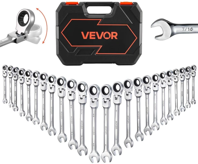 Main image of VEVOR Flex-Head Ratcheting Wrench Set, 24-Piece SAE and Metric, 72 Teeth, Cr-V Steel Ratchet Flexible Combination Wrench Set with Storage Case, for General Household and Automotive Repairs, Silver