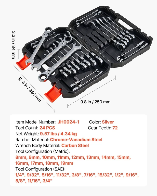 Alt view image 7 of 8 - VEVOR Flex-Head Ratcheting Wrench Set, 24-Piece SAE and Metric, 72 Teeth, Cr-V Steel Ratchet Flexible Combination Wrench Set with Storage Case, for General Household and Automotive Repairs, Silver