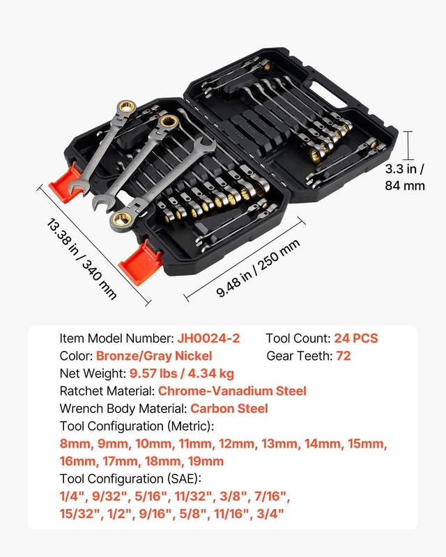Alt view image 7 of 8 - VEVOR Flex-Head Ratcheting Wrench Set, 24-Piece SAE and Metric, 72 Teeth, Cr-V Steel Ratchet Flexible Combination Wrench Set with Storage Case, for General Household, Automotive Repairs, Gray Nickel