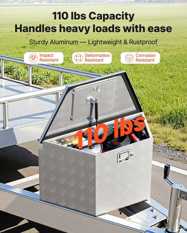 Alt view image 3 of 8 - VEVOR Trailer Tongue Box, 33" x 19" x 18" Aluminum Trailer Tongue Tool Box, Heavy Duty Storage Organizer with Lock and Keys, Utility Tool Chest for Pickup Truck Bed, RV, SUV, Off-Road Vehicle, Silver