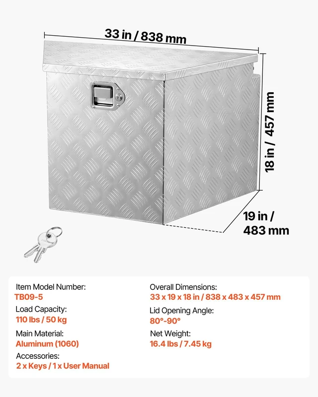 Alt view image 7 of 8 - VEVOR Trailer Tongue Box, 33" x 19" x 18" Aluminum Trailer Tongue Tool Box, Heavy Duty Storage Organizer with Lock and Keys, Utility Tool Chest for Pickup Truck Bed, RV, SUV, Off-Road Vehicle, Silver