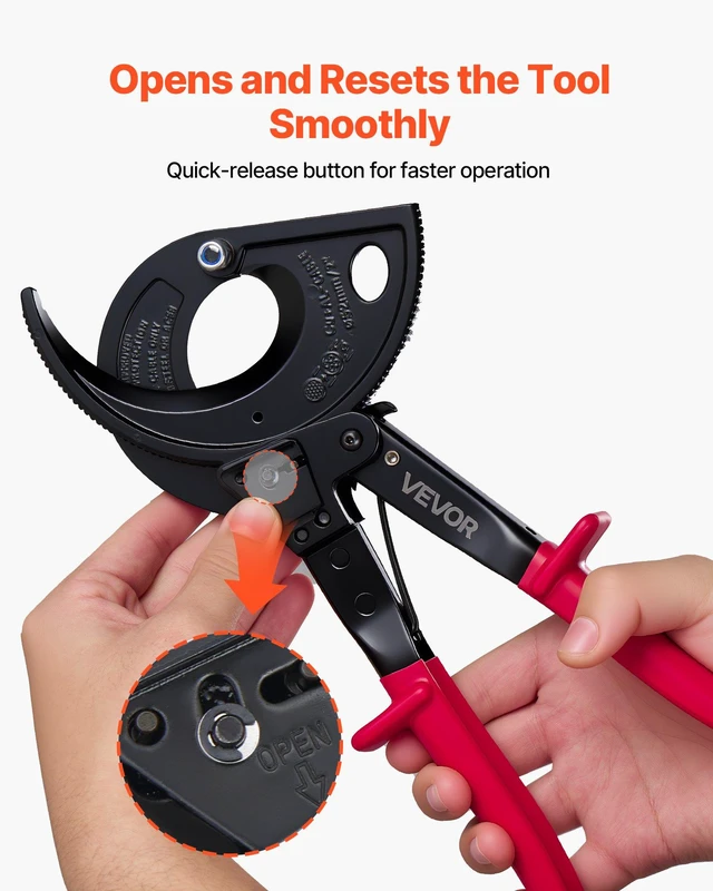Alt view image 4 of 8 - VEVOR Ratcheting Cable Cutter, Spring Steel Blades with Insulated Handles, Quick-Release Button, Heavy Duty Ratchet Cable Wire Cutter for Cutting Copper & Aluminum Cables Up to 800 MCM / 400 mm²