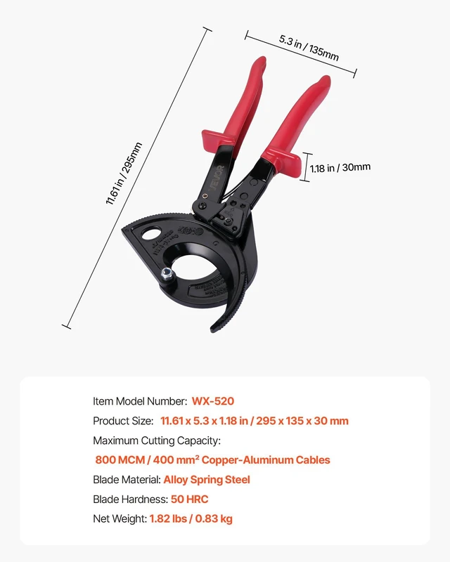 Alt view image 7 of 8 - VEVOR Ratcheting Cable Cutter, Spring Steel Blades with Insulated Handles, Quick-Release Button, Heavy Duty Ratchet Cable Wire Cutter for Cutting Copper & Aluminum Cables Up to 800 MCM / 400 mm²