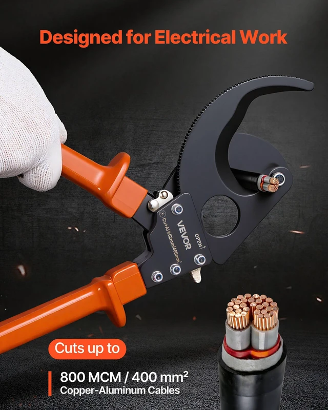 Alt view image 2 of 8 - VEVOR Ratcheting Cable Cutter, Spring Steel Blades with PVC-Coated Handles, Quick-Release Button, Heavy Duty Ratchet Cable Wire Cutter for Cutting Copper & Aluminum Cables Up to 800 MCM / 400 mm²