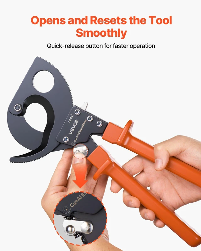 Alt view image 4 of 8 - VEVOR Ratcheting Cable Cutter, Spring Steel Blades with PVC-Coated Handles, Quick-Release Button, Heavy Duty Ratchet Cable Wire Cutter for Cutting Copper & Aluminum Cables Up to 800 MCM / 400 mm²