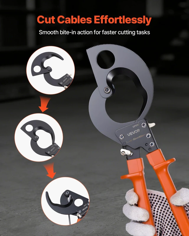 Alt view image 6 of 8 - VEVOR Ratcheting Cable Cutter, Spring Steel Blades with PVC-Coated Handles, Quick-Release Button, Heavy Duty Ratchet Cable Wire Cutter for Cutting Copper & Aluminum Cables Up to 800 MCM / 400 mm²