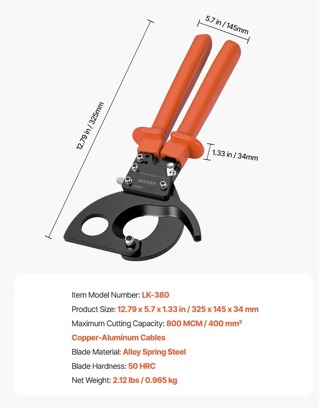 Alt view image 7 of 8 - VEVOR Ratcheting Cable Cutter, Spring Steel Blades with PVC-Coated Handles, Quick-Release Button, Heavy Duty Ratchet Cable Wire Cutter for Cutting Copper & Aluminum Cables Up to 800 MCM / 400 mm²