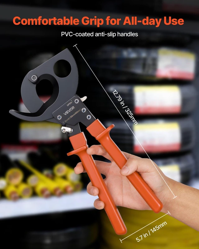 Alt view image 5 of 8 - VEVOR Ratcheting Cable Cutter, Spring Steel Blades with PVC-Coated Handles, Quick-Release Button, Heavy Duty Ratchet Cable Wire Cutter for Cutting Copper & Aluminum Cables Up to 800 MCM / 400 mm²