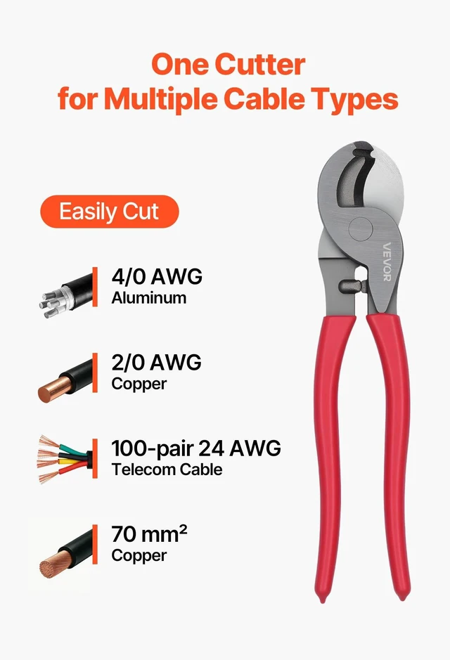 Alt view image 2 of 8 - VEVOR High Leverage Cable Cutter, 9-1/4 in Compact, Forged Blades and PVC-Coated Handles, Heavy Duty Cable Cutting Pliers Tool for 4/0 AWG Aluminum, 2/0 AWG Soft Copper and 100-Pair 24AWG Comm Cables