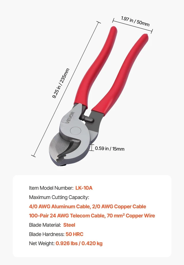 Alt view image 7 of 8 - VEVOR High Leverage Cable Cutter, 9-1/4 in Compact, Forged Blades and PVC-Coated Handles, Heavy Duty Cable Cutting Pliers Tool for 4/0 AWG Aluminum, 2/0 AWG Soft Copper and 100-Pair 24AWG Comm Cables