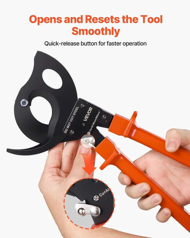 Alt view image 4 of 8 - VEVOR Ratcheting Cable Cutter, Spring Steel Blades with PVC-Coated Handles, Quick-Release Button, Heavy Duty Ratchet Cable Wire Cutter for Cutting Copper & Aluminum Cables Up to 1000 MCM / 500 mm²